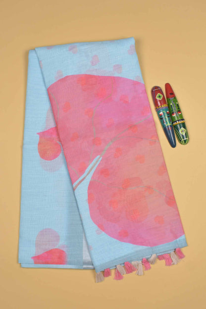 Light Blue Semi Linen Peach Hearts Digital Print Saree