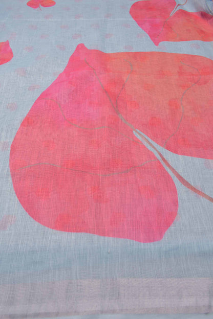 Light Blue Semi Linen Peach Hearts Digital Print Saree