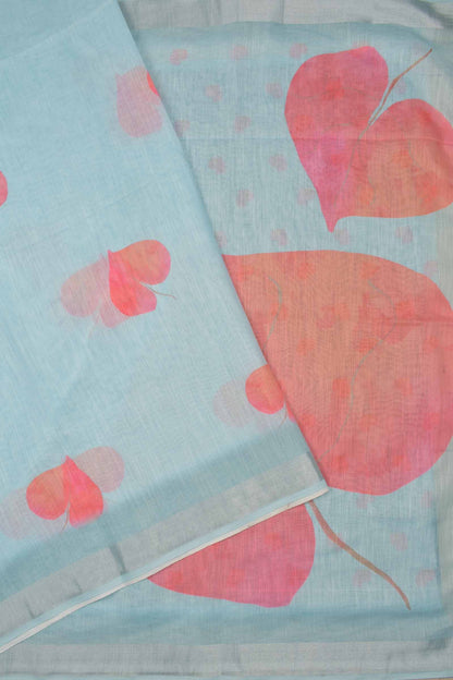 Light Blue Semi Linen Peach Hearts Digital Print Saree