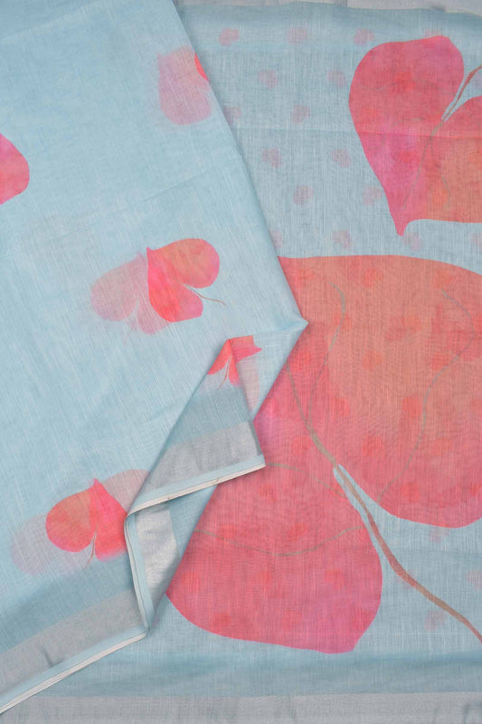Light Blue Semi Linen Peach Hearts Digital Print Saree