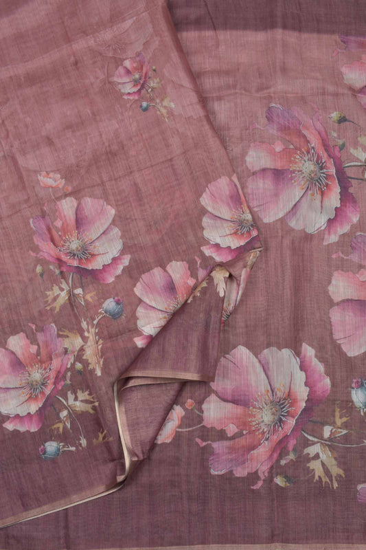 Brown Semi Linen Big Flowers Silk Zari Border Digital Print Saree