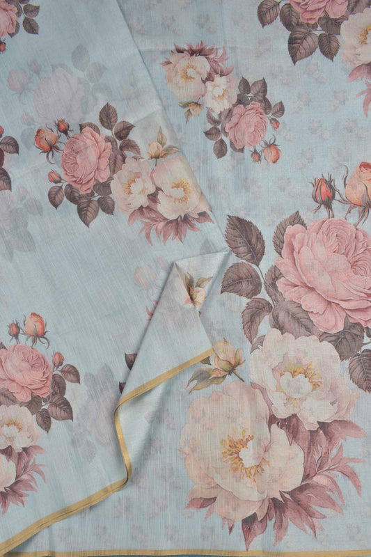 Light Blue Semi Linen Jumbo Roses Silk Zari Border Digital Print Saree