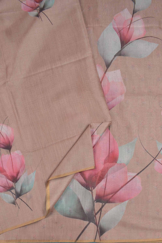 Light Brown Semi Linen Paper Tulips Silk Zari Border Digital Print Saree