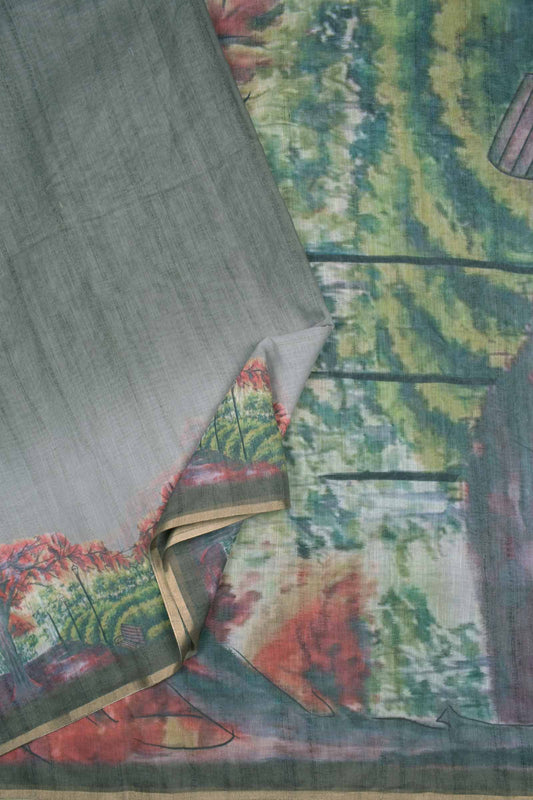 Light Green Semi Linen Nature's Bounty Digital Print Saree