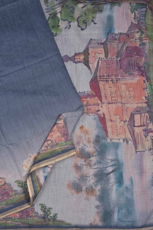 Grey Semi Linen Vintage Countryside Digital Print Saree