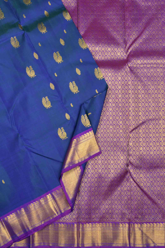 Golden Blue Light Weight Pure Silk Peacock Butta Golden Border Pallu Saree NAA104