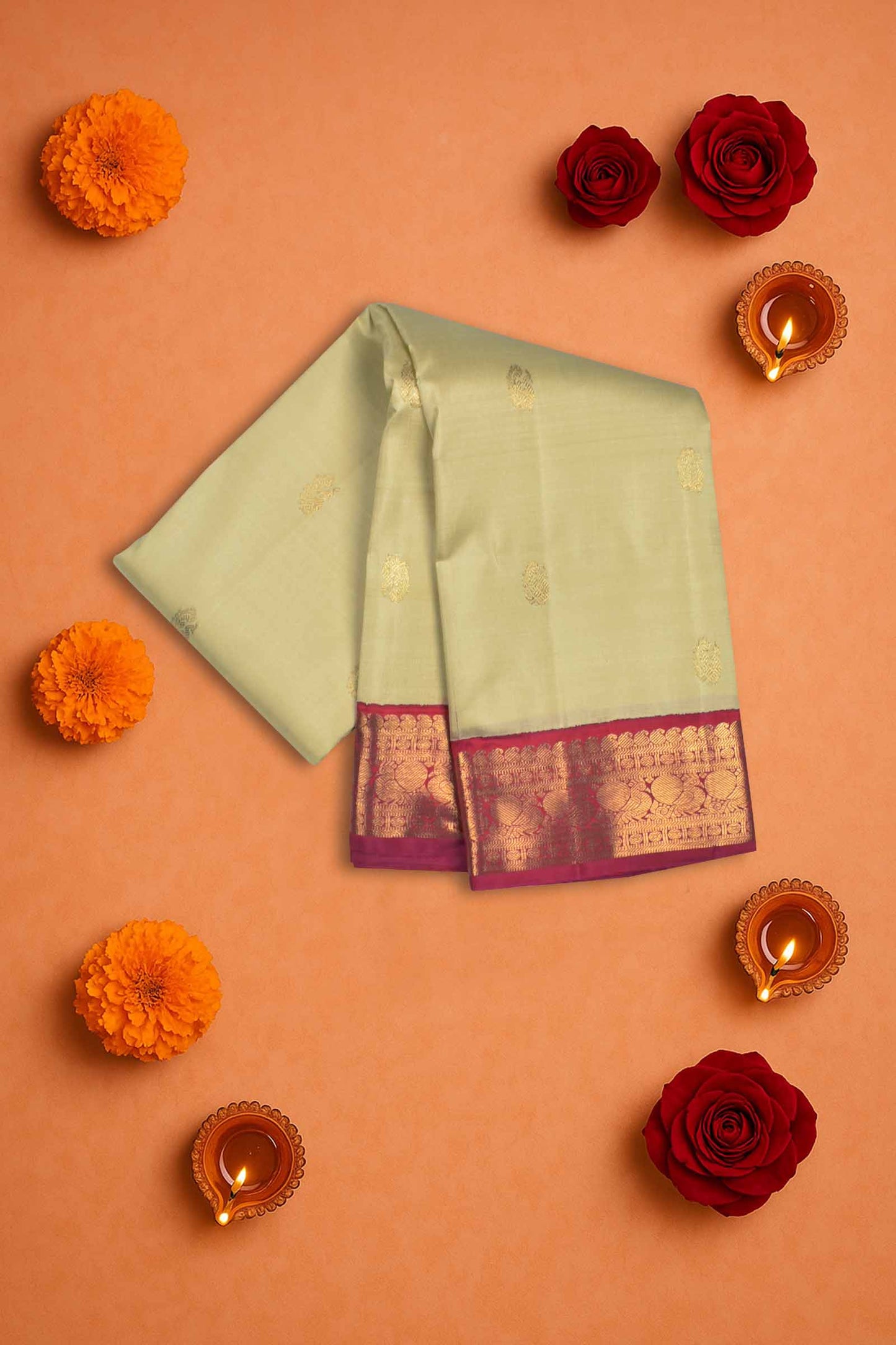 Sandal Light Weight Pure Silk Mini Peacock Butta Contrast Golden Border Pallu Saree NAA105