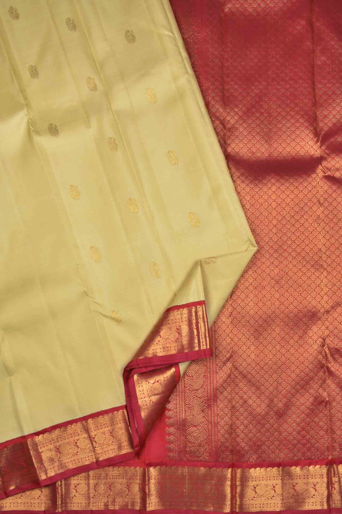 Sandal Light Weight Pure Silk Mini Peacock Butta Contrast Golden Border Pallu Saree NAA105