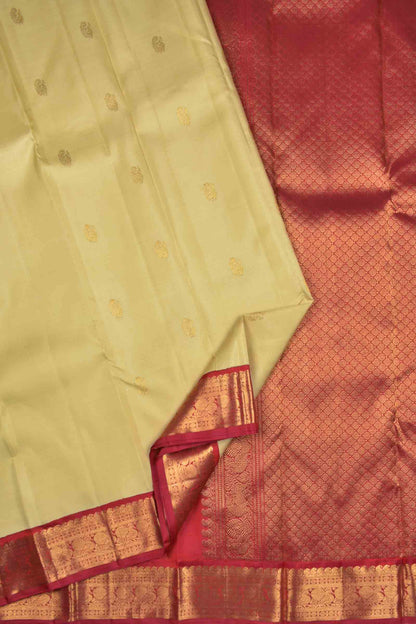 Sandal Light Weight Pure Silk Mini Peacock Butta Contrast Golden Border Pallu Saree NAA105