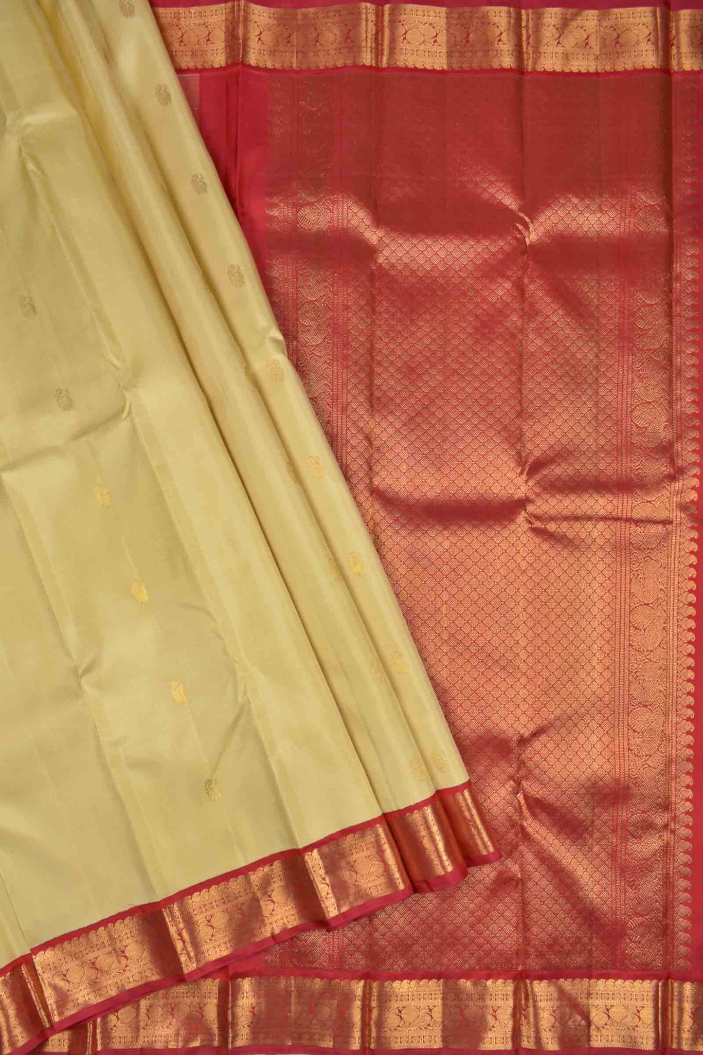 Sandal Light Weight Pure Silk Mini Peacock Butta Contrast Golden Border Pallu Saree NAA105
