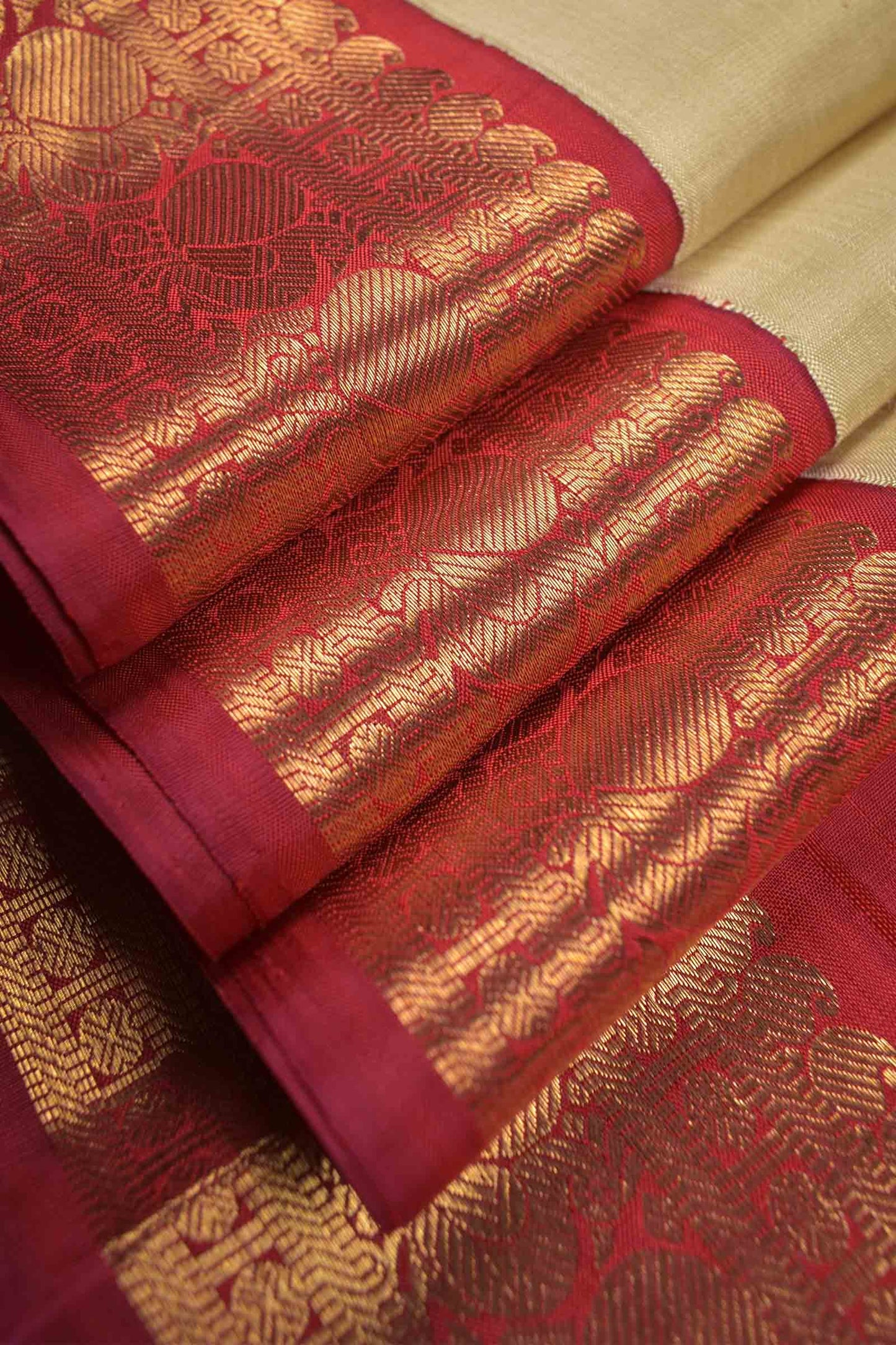 Sandal Light Weight Pure Silk Mini Peacock Butta Contrast Golden Border Pallu Saree NAA105