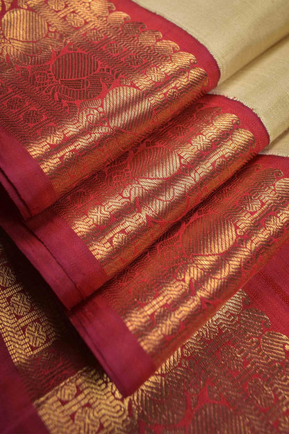 Sandal Light Weight Pure Silk Mini Peacock Butta Contrast Golden Border Pallu Saree NAA105