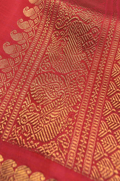 Sandal Light Weight Pure Silk Mini Peacock Butta Contrast Golden Border Pallu Saree NAA105