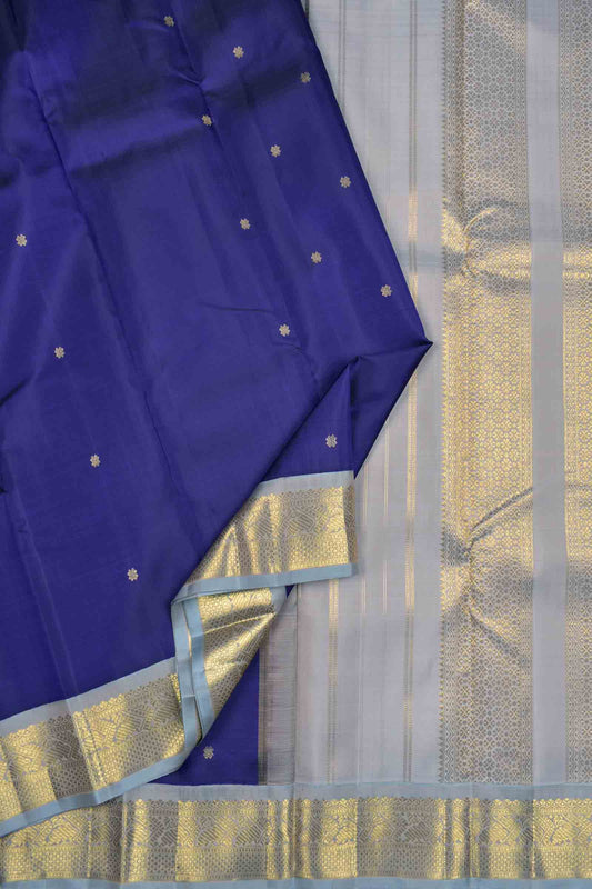 Navy Blue Light Weight Pure Silk Mini Butta Contrast Golden Border Pallu Saree NAA106
