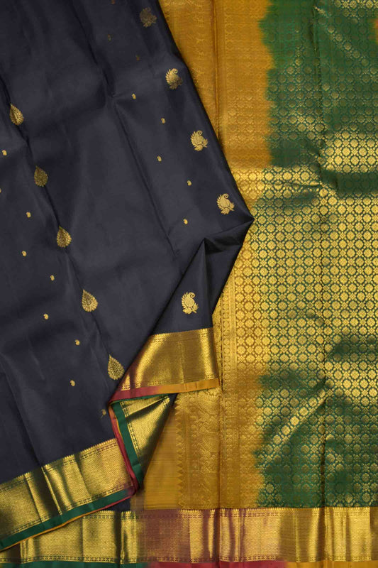 Black Light Weight Pure Silk  Butta Golden Multi Colour Border Pallu Saree NAA108