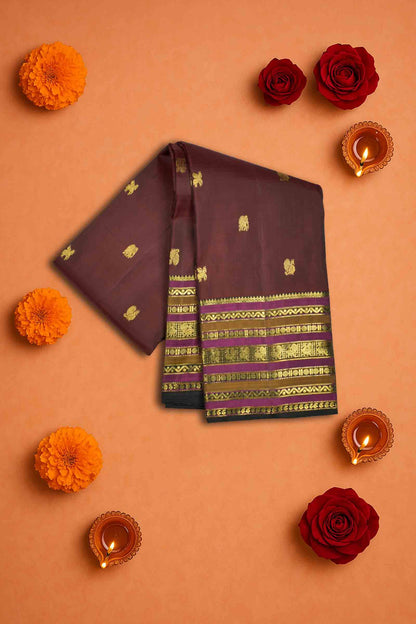 Dark Brown Light Weight Pure Silk Butta Golden Border Pallu Saree NAA109