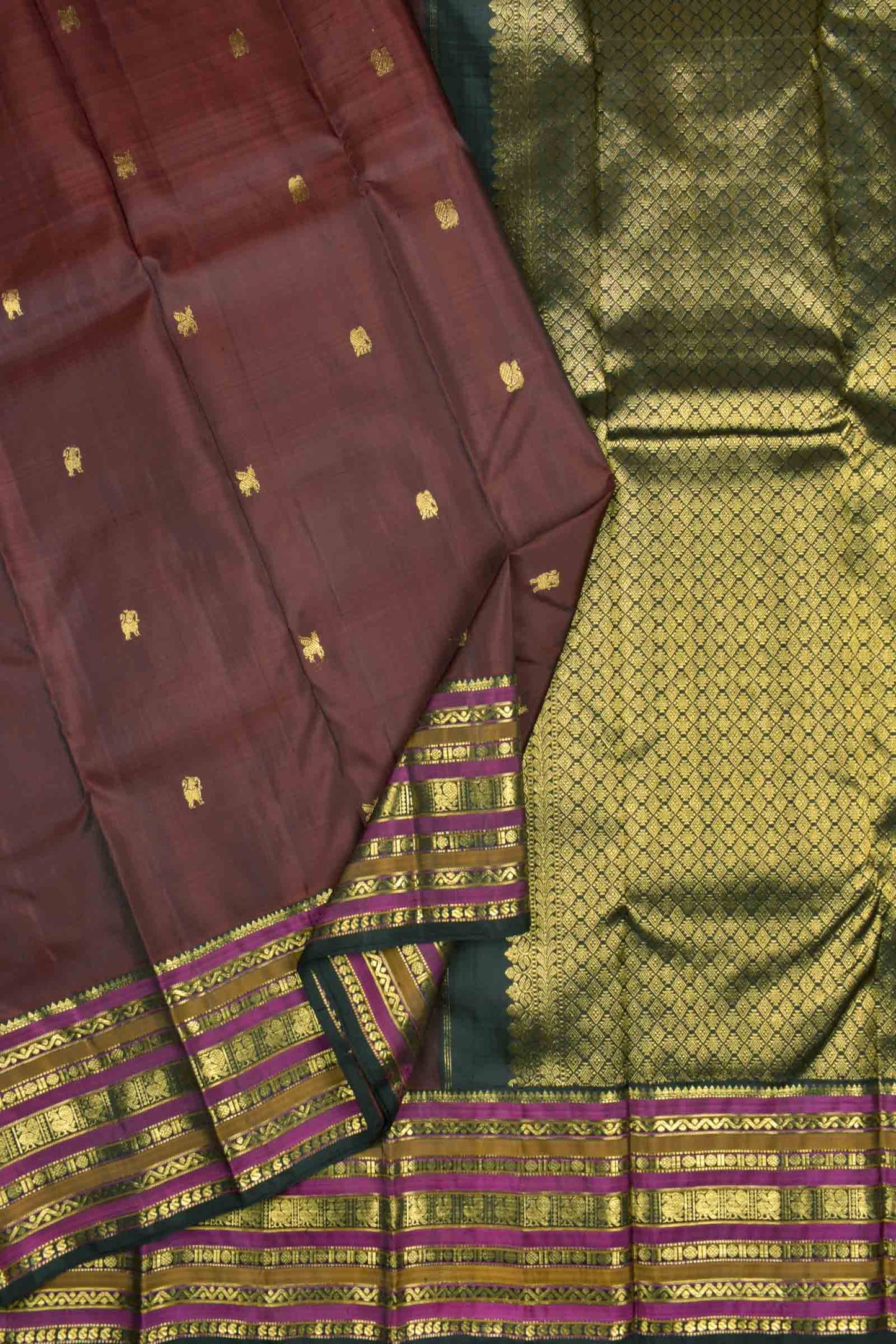 Dark Brown Light Weight Pure Silk Butta Golden Border Pallu Saree NAA109