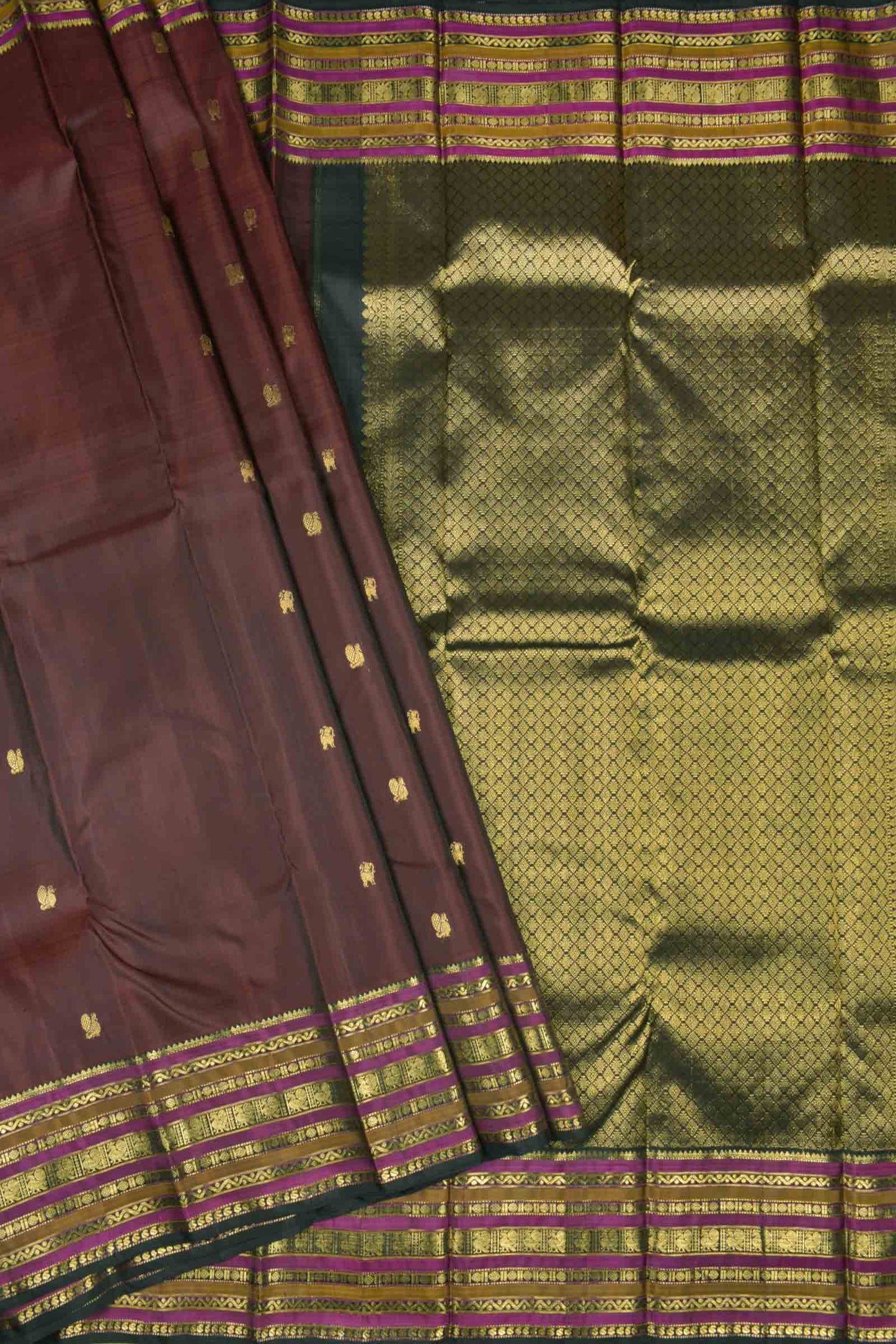 Dark Brown Light Weight Pure Silk Butta Golden Border Pallu Saree NAA109