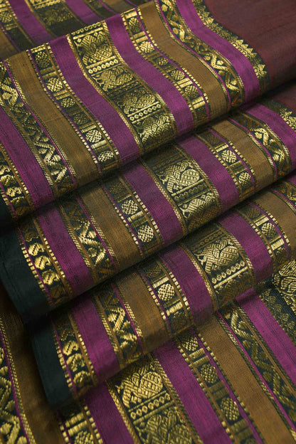 Dark Brown Light Weight Pure Silk Butta Golden Border Pallu Saree NAA109