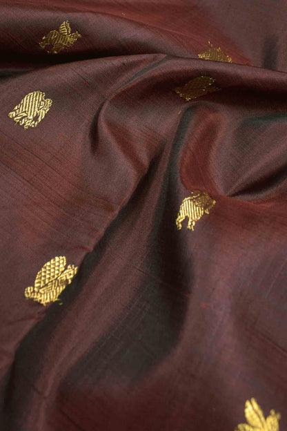 Dark Brown Light Weight Pure Silk Butta Golden Border Pallu Saree NAA109