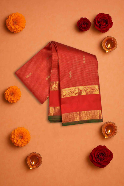 Red Light Weight Pure Silk Butta Mini Checks Golden Border Pallu Saree NAA110