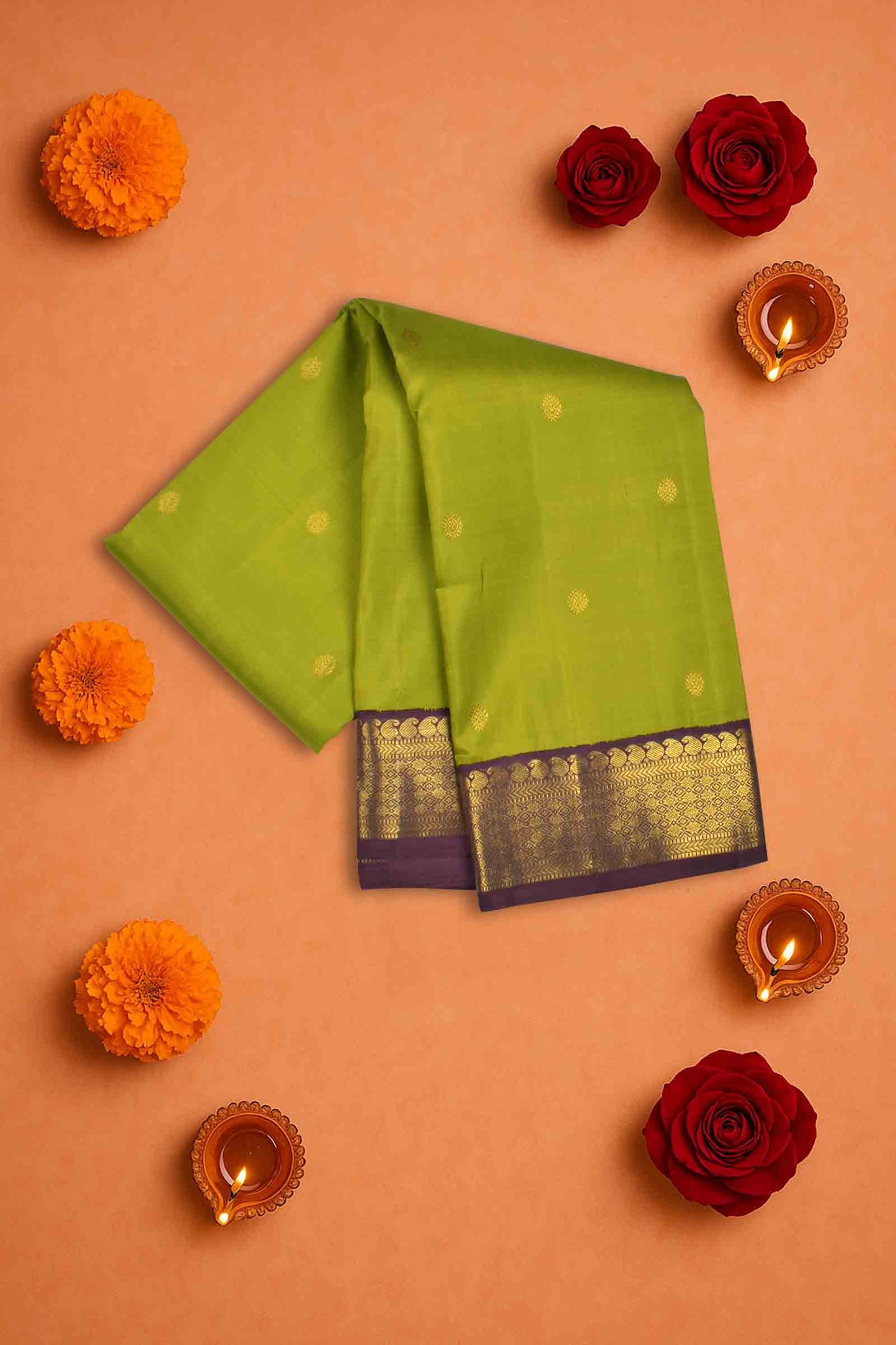 Green Light Weight Pure Silk Mini Butta Contrast Golden Border Pallu Saree NAA111