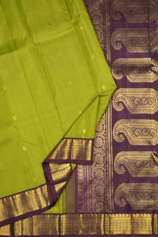 Green Light Weight Pure Silk Mini Butta Contrast Golden Border Pallu Saree NAA111