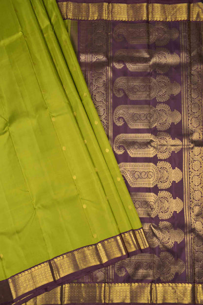 Green Light Weight Pure Silk Mini Butta Contrast Golden Border Pallu Saree NAA111