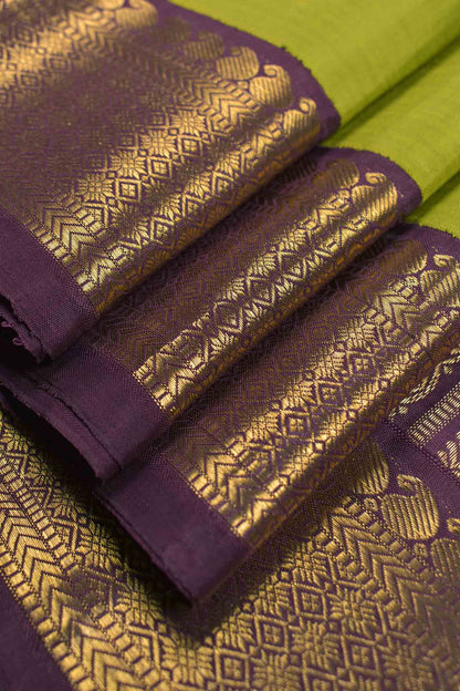 Green Light Weight Pure Silk Mini Butta Contrast Golden Border Pallu Saree NAA111