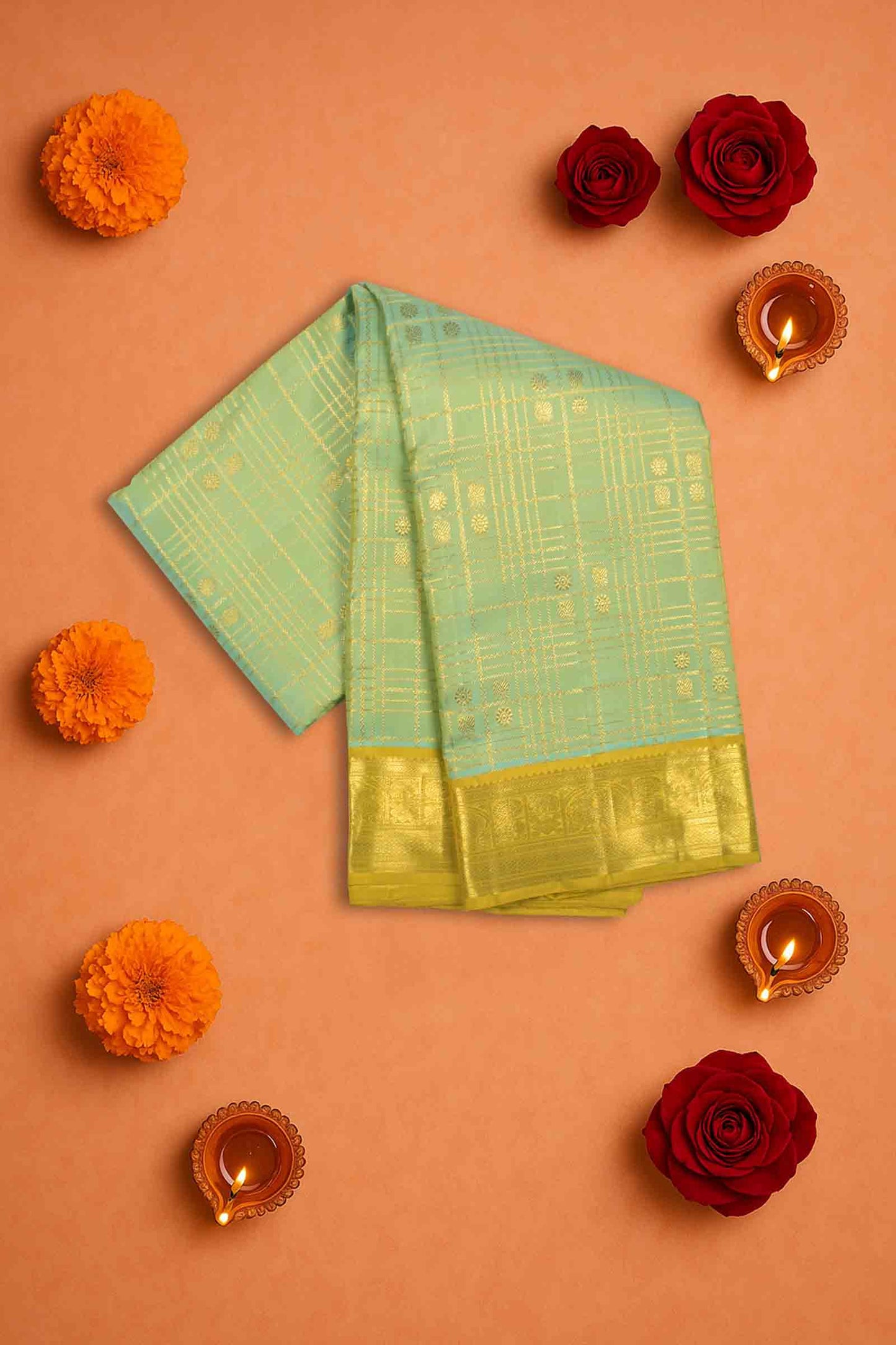 Light Green Light Weight Pure Silk Golden Checks Zari Border Saree NAA129