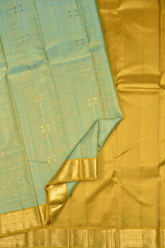 Light Green Light Weight Pure Silk Golden Checks Zari Border Saree NAA129