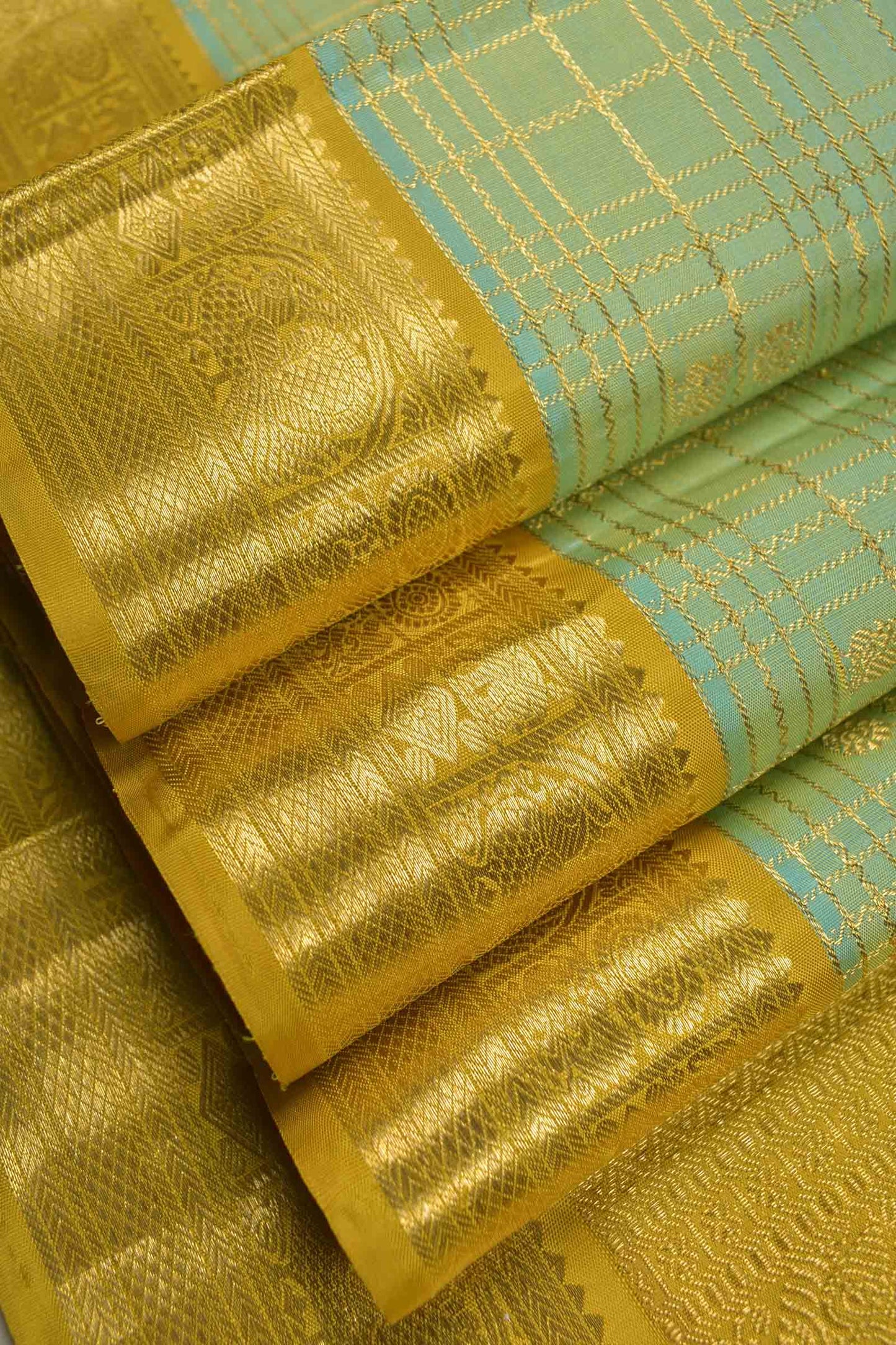 Light Green Light Weight Pure Silk Golden Checks Zari Border Saree NAA129