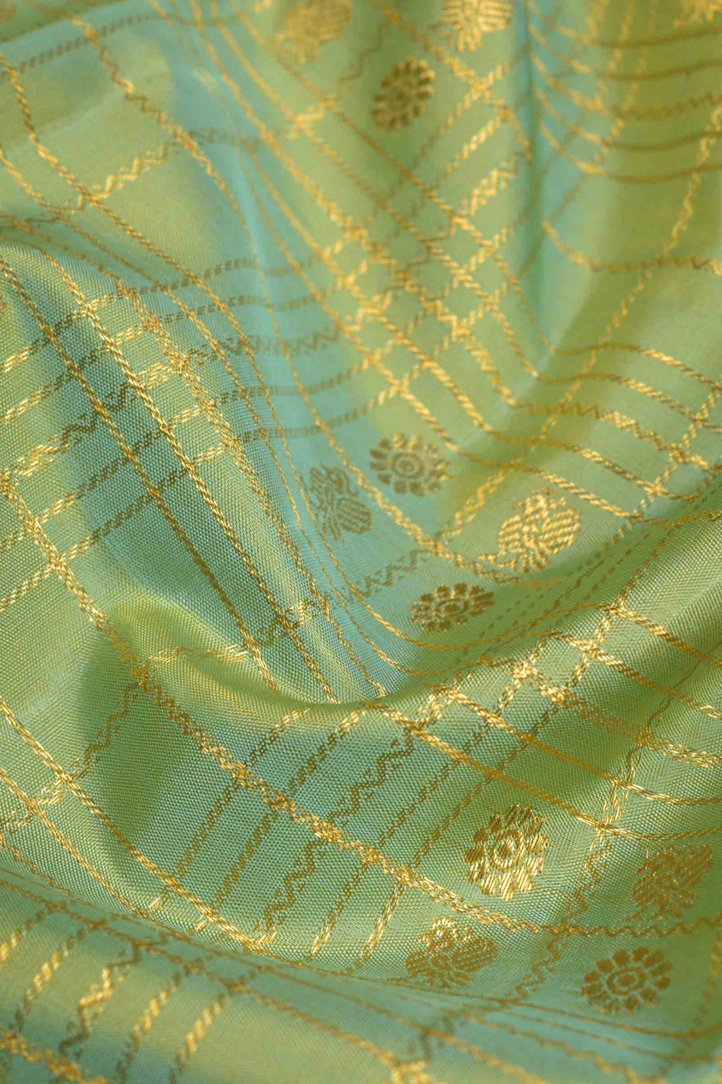 Light Green Light Weight Pure Silk Golden Checks Zari Border Saree NAA129