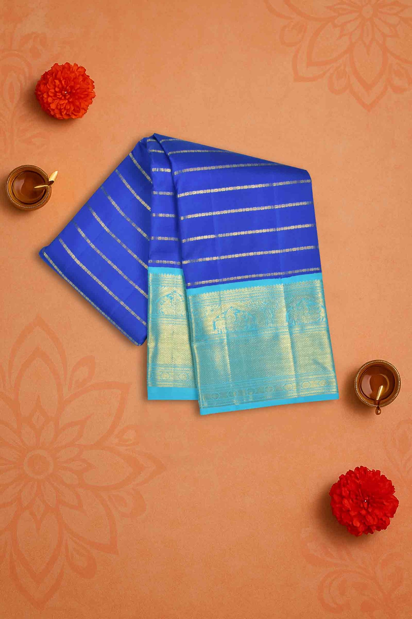 Navy Blue Pure Silk Golden Zari Lines Contrast Light Blue Zari Border Pallu Saree NAA132