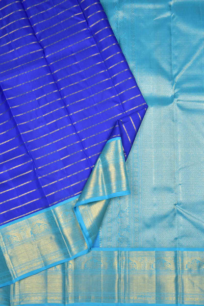 Navy Blue Pure Silk Golden Zari Lines Contrast Light Blue Zari Border Pallu Saree NAA132