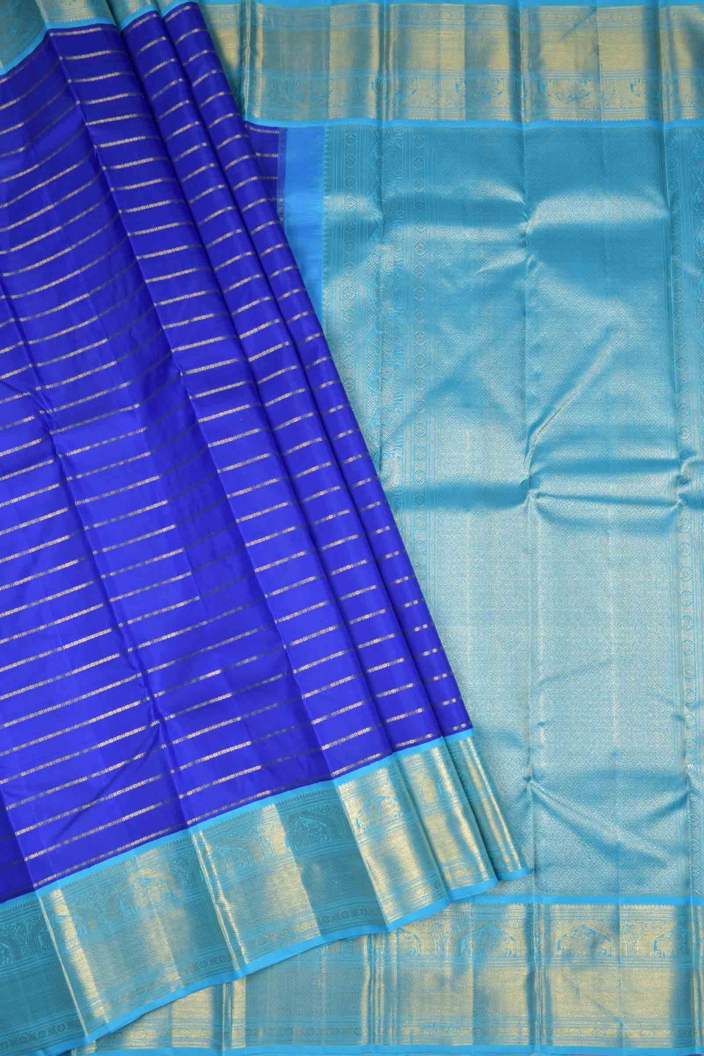Navy Blue Pure Silk Golden Zari Lines Contrast Light Blue Zari Border Pallu Saree NAA132