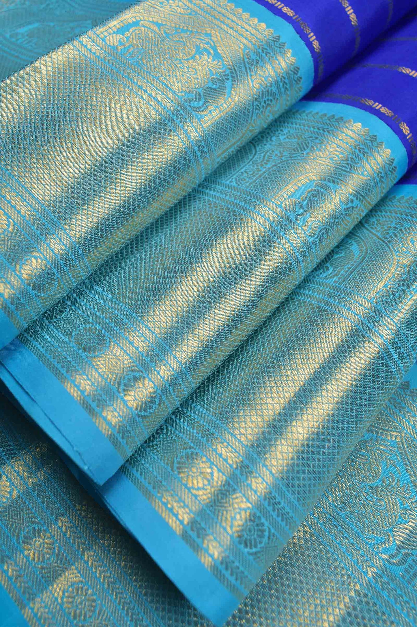 Navy Blue Pure Silk Golden Zari Lines Contrast Light Blue Zari Border Pallu Saree NAA132