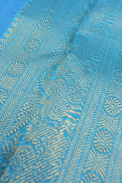 Navy Blue Pure Silk Golden Zari Lines Contrast Light Blue Zari Border Pallu Saree NAA132