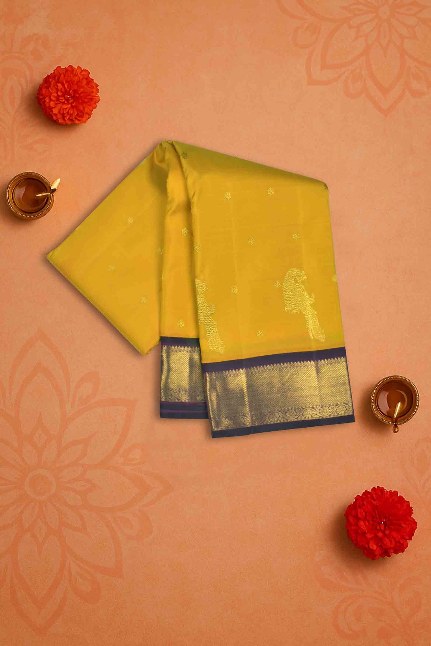 Golden Yellow Pure Silk Peacock Little Flowers Butta Golden Maroon Zari Border Pallu Saree NAA134