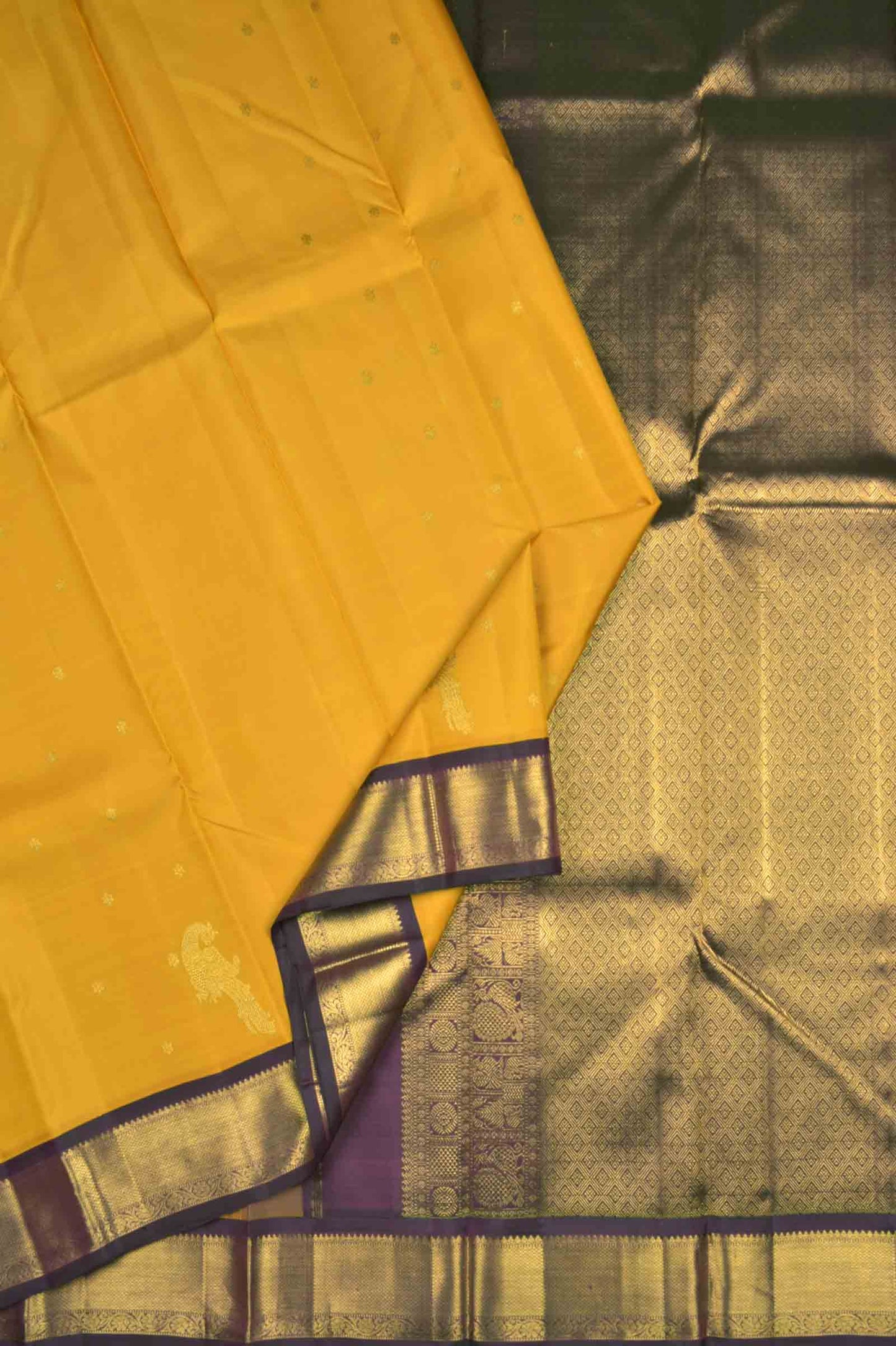 Golden Yellow Pure Silk Peacock Little Flowers Butta Golden Maroon Zari Border Pallu Saree NAA134