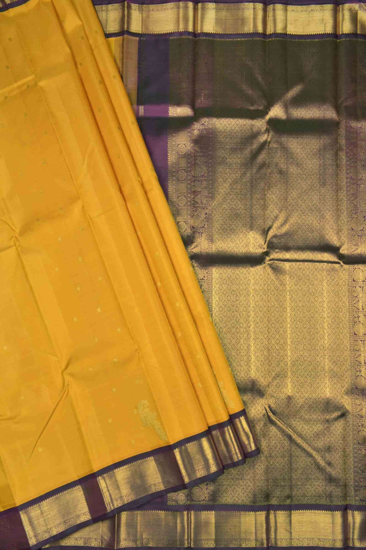 Golden Yellow Pure Silk Peacock Little Flowers Butta Golden Maroon Zari Border Pallu Saree NAA134