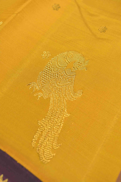 Golden Yellow Pure Silk Peacock Little Flowers Butta Golden Maroon Zari Border Pallu Saree NAA134