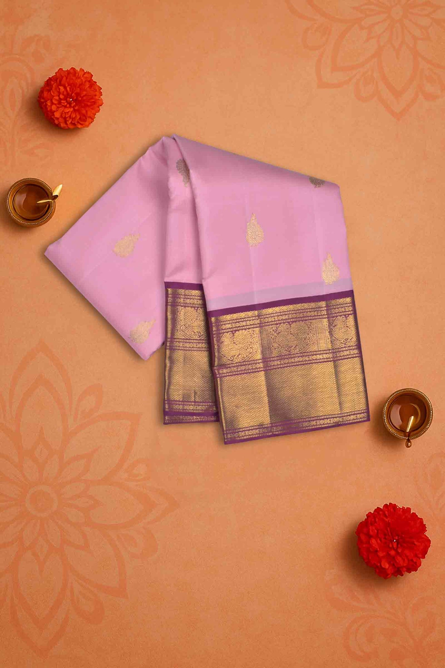 Pink Lightweight Pure Silk Peacock Butta Golden Violet Zari Peacock Border Pallu Saree NAA135