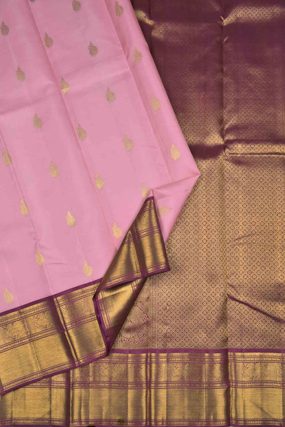 Pink Lightweight Pure Silk Peacock Butta Golden Violet Zari Peacock Border Pallu Saree NAA135