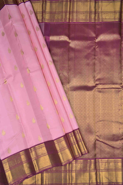 Pink Lightweight Pure Silk Peacock Butta Golden Violet Zari Peacock Border Pallu Saree NAA135