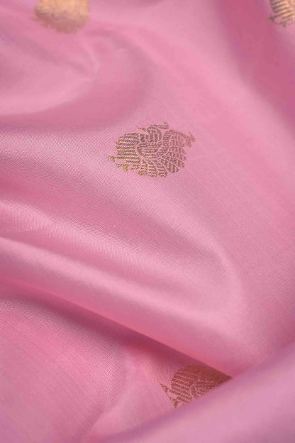 Pink Lightweight Pure Silk Peacock Butta Golden Violet Zari Peacock Border Pallu Saree NAA135