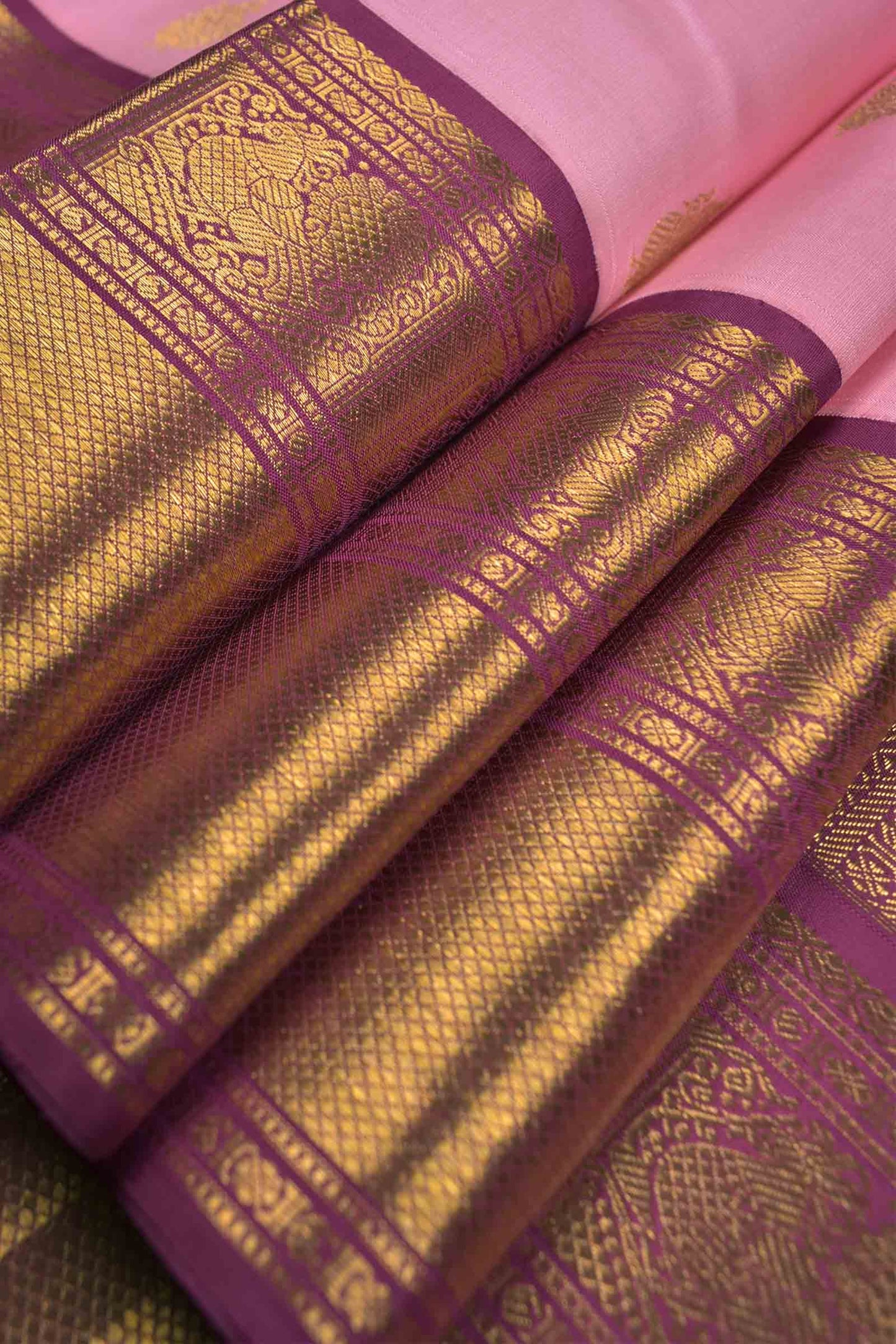 Pink Lightweight Pure Silk Peacock Butta Golden Violet Zari Peacock Border Pallu Saree NAA135