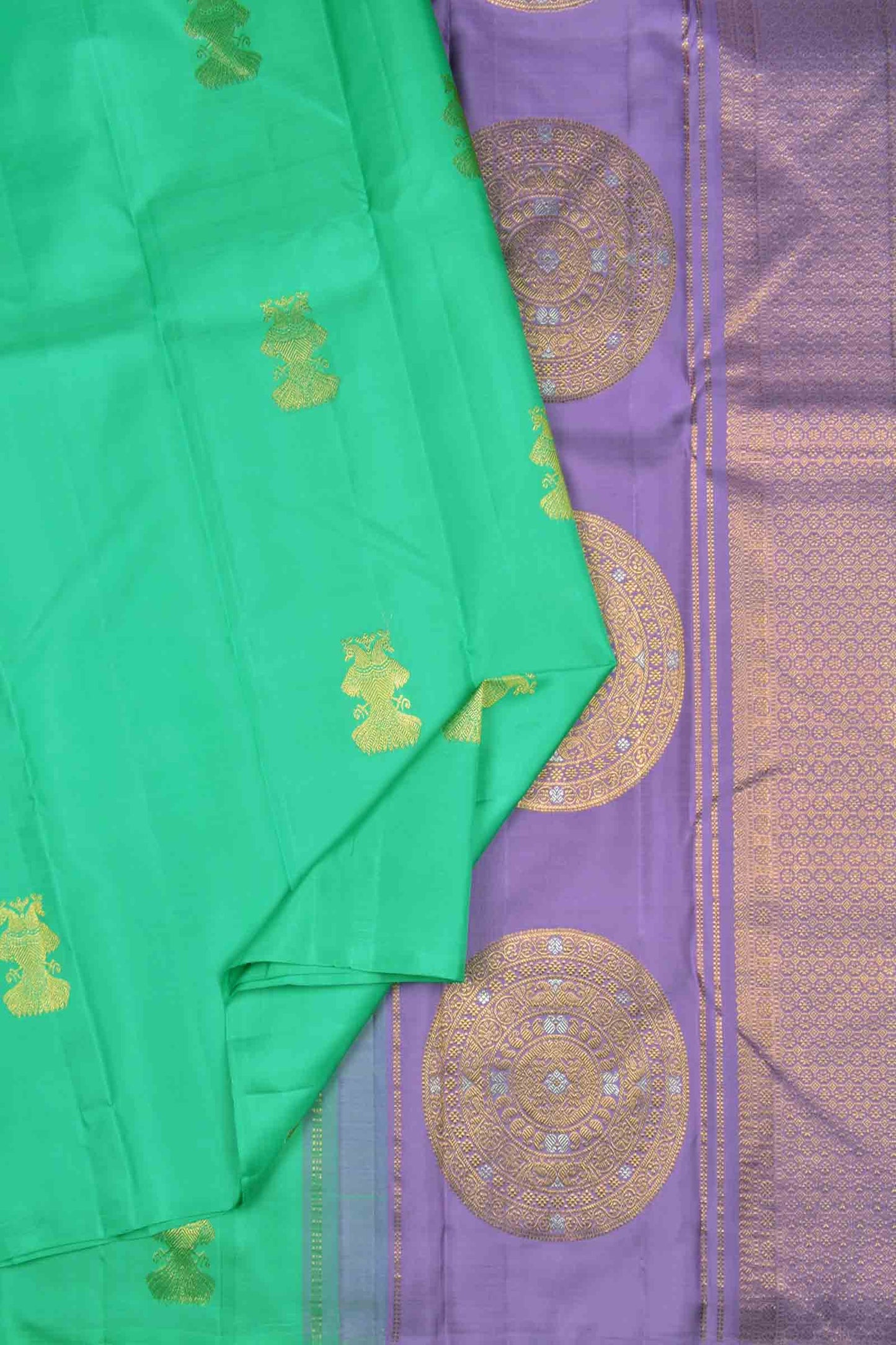 Green Light Weight Pure Silk Peacock Butta Golden Violet Zari Fancy Pallu Saree NAA136