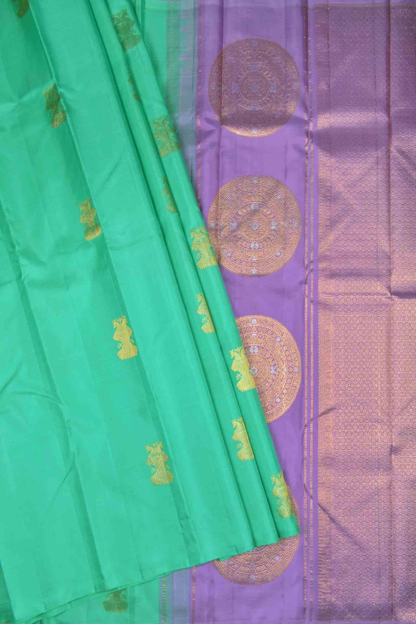 Green Light Weight Pure Silk Peacock Butta Golden Violet Zari Fancy Pallu Saree NAA136