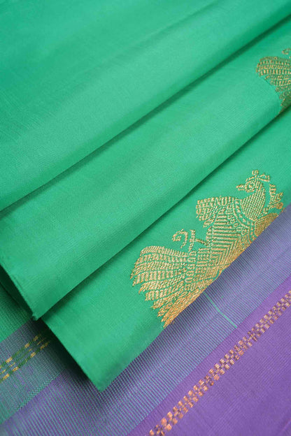 Green Light Weight Pure Silk Peacock Butta Golden Violet Zari Fancy Pallu Saree NAA136